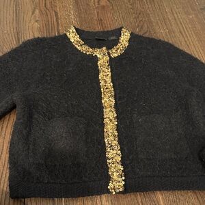 Pinko Black Fuzzy Cardigan with Gold Sequin Trim